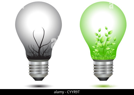 illustration of comparison between two bulbs with plant and industry on white background Stock Photo