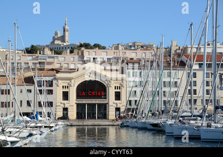 La Criée Theatre on the Old or Vieux Port and Basilica Notre-Dame-de-la-Garde Marseille or Marseilles Provence France Stock Photo