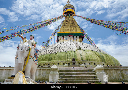 Boudhanath Stupa Five-color prayer flags and symbolic sculptures with mantras  Asia Asian Bodhnath Classic Classical Cultural Stock Photo