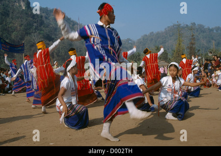 Karen dancers celebrating the Karen new year in Mae La Refugee Camp near Mae Sot on the border between Thailand and Myanmar Stock Photo