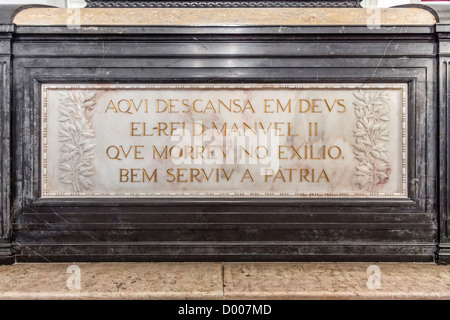 King Dom Manuel II Tomb in the Royal Pantheon of the House of Braganza. Sao Vicente de Fora Monastery. Lisbon, Portugal. Stock Photo