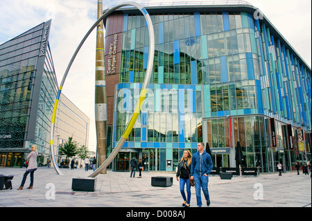 Alliance sculpture by Jean-Bernard Metais. John Lewis store (left) and Central Library. The Hayes, Cardiff city centre, Wales Stock Photo