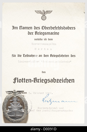 Karl-Friedrich Merten - a High Seas Fleet War Badge and award document 1942,Vaulted,dark-patinated fine zinc issue with gilt(migrated)wreath,reverse maker's mark 'Fec.Adolf Bock Ausf.Schwerin-Berlin',bellied attachment pin.The award document dated 9 October 1942(tr)'for participation in the war cruise of the battleship 'Schleswig-Holstein'',stamped 'Chef des Ausbildungspersonals' with signature in ink of Rear Admiral Joachim Lietzmann.Merten received the High Seas Fleet War Badge for participation in the bombardment of the Westerplatte on board the,Additional-Rights-Clearences-Not Available Stock Photo