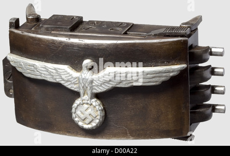 A 'German SS Belt Buckle Gun',cal..22 l.r,no.4/c.Matching numbers.Four barrels,length 43 mm.Wehrmacht eagle on hinged lid,at the bottom two-line inscription: 'BLN.- 44 - SS / R.V.F.Z.Nr.4/c'.Patinated,spotted finish.Dimensions without belt loops approx.110 x 55 x 43 mm.Very good,fully functioning condition.Extremely rare.Operational sequence: When left-sided upper and lower ribbed levers are pressed simultaneously,the hinged lid and barrels spring open.Shots are released by pressing the now accessible ribbed triggers on the left.Simultane,Additional-Rights-Clearences-Not Available Stock Photo
