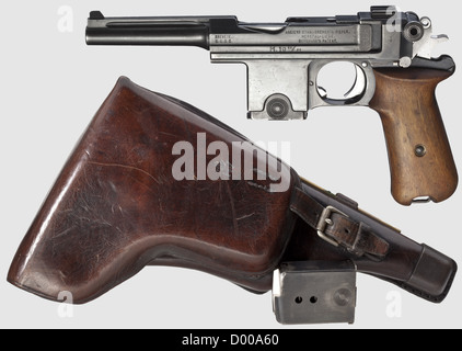 A Bergmann model 1910/21 with holster,cal.9 mm Bergmann,no.11030.Matching numbers.Almost bright bore.Six shots.Belgian company address on left side of barrel housing,underneath marked 'M.1910/21'.On the right inventory no.'4161',on front sight base marked 'Krone/'DK/43'.Original finish with light wear marks,slightly spotted.Small parts polished white,extractor blued.Beech wood grip panels.Magazine no.1974.Complete with rare dark brown cowhide holster,on flap acceptance mark crown/HV',spare magazine and brass cleaning rod included.The weap,Additional-Rights-Clearences-Not Available Stock Photo