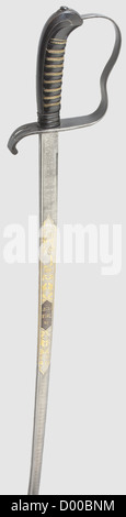 A model 1855 infantry officer's sabre,First World War production. Lightly curved,pipe-back blade of fine Damascus steel,with yelmen. Etched on both sides,partially gilt cartouches with laurel or oak leaf wreaths displaying inscriptions against a blackened panel,'Malwine i/L. Carl. Weltkrieg 1914/15. Amabat me et vincebat'(obverse side)and 'In Treue Fest'(Firm in loyalty)over the Bavarian national coat of arms(reverse side). The maker's mark,'J.A. Henckels Zwillingswerk' struck on the ricasso. Blackened knuckle-bow hilt,plastic grip with brass wire w,Additional-Rights-Clearences-Not Available Stock Photo