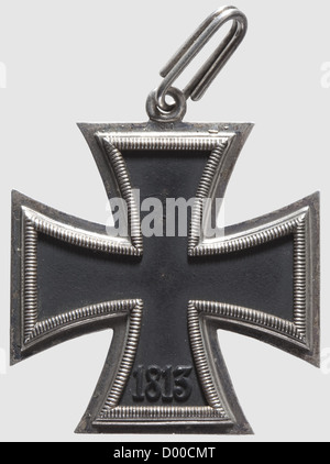 A Knight's Cross to the Iron Cross of 1939,Maker Klein & Quenzer,Idar-Oberstein. The silver frame stamped '800',the silver suspension ring '800' and '65'. Blackened iron core. Dimensions 49.1 x 48.6 mm,weight 31.92 g(Nie 7.03.08 c). Included is a 72 cm length of non-customised neck ribbon(stained),historic,historical,1930s,20th century,awards,award,German Reich,Third Reich,Nazi era,National Socialism,object,objects,stills,medal,decoration,medals,decorations,clipping,cut out,cut-out,cut-outs,honor,honour,National Socialist,Nazi,Na,Additional-Rights-Clearences-Not Available Stock Photo