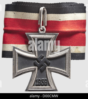 A Knight's Cross to the Iron Cross of 1939,Maker Klein & Quenzer,Idar-Oberstein. The silver frame stamped '800',the silver suspension ring '800' and '65'. Blackened iron core. Dimensions 49.1 x 48.6 mm,weight 31.92 g(Nie 7.03.08 c). Included is a 72 cm length of non-customised neck ribbon(stained),historic,historical,1930s,20th century,awards,award,German Reich,Third Reich,Nazi era,National Socialism,object,objects,stills,medal,decoration,medals,decorations,clipping,cut out,cut-out,cut-outs,honor,honour,National Socialist,Nazi,Na,Additional-Rights-Clearences-Not Available Stock Photo