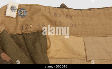 Trousers for the M 43,1st model camouflage suit,One side of Italian tropical material printed in 'Erbstarn' pattern,metal buttons(oxidised),brown painted hook closures. Thin brown linen liner with bluish size stamping,pocket sacks of olive-brown linen. Depot fresh,historic,historical,1930s,20th century,Waffen-SS,armed division of the SS,armed service,armed services,NS,National Socialism,Nazism,Third Reich,German Reich,Germany,military,militaria,utensil,piece of equipment,utensils,object,objects,stills,clipping,clippings,cut out,c,Additional-Rights-Clearences-Not Available Stock Photo
