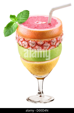 Glass of juice, consisting of layers of fruit. Isolated on a white background. Stock Photo