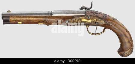 A cased pair of Czech percussion pistols,Thaddäus Poltz,Karlovy Vary,circa 1770.Octagonal two-stage barrels in 14 mm calibre,round and smooth after a girdle,with surface-mounted brass front sights.At the breeches remnants of gilt floral engravings as well as the numbers '1' and '2'.Florally cut,converted percussion locks,each signed 'Thaddeius Poltz'.Carved,bright walnut stocks with horn noses and bronze fittings with rocailles in relief.Wooden ramrods with horn tips.Length 33.5 cm each.In a later(?)wooden case complete with extensive accessorie,Additional-Rights-Clearences-Not Available Stock Photo