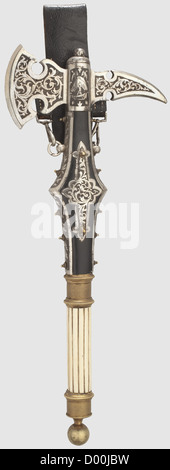 A splendid fire fighter's honour axe,with ivory grip and leather suspension hanger The blade and shaft fittings richly etched with foliage and fire fighter symbols. Black wooden shaft with fluted ivory grip between gilded(remnants)brass fittings with machined decoration. Black patent leather suspension hanger. Length 46 cm. Impressive honour axe most likely form the estate of a Commander of an important and wealthy metropolis,historic,historical,20th century,fire brigade,fire department,fire brigades,fire departments,utensil,piece of equipment,uten,Additional-Rights-Clearences-Not Available Stock Photo