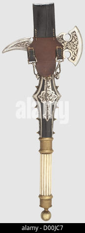 A splendid fire fighter's honour axe,with ivory grip and leather suspension hanger The blade and shaft fittings richly etched with foliage and fire fighter symbols. Black wooden shaft with fluted ivory grip between gilded(remnants)brass fittings with machined decoration. Black patent leather suspension hanger. Length 46 cm. Impressive honour axe most likely form the estate of a Commander of an important and wealthy metropolis,historic,historical,20th century,fire brigade,fire department,fire brigades,fire departments,utensil,piece of equipment,uten,Additional-Rights-Clearences-Not Available Stock Photo