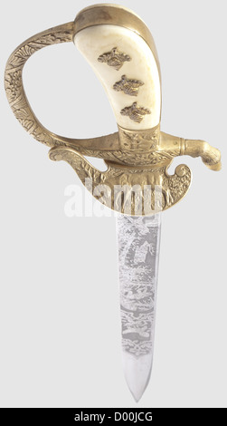 A deluxe hunting hanger for senior wardens in the forestry service,with ivory grip plates,frog,and portepee,Maker Eickhorn,Solingen Very beautiful nickeled single-edged blade with etched red deer and wild boar hunting scenes as well as a snipe and a grouse,without maker's mark.Knuckle-bow hilt with oak leaf decoration,with remnants of fire gilding,and displaying a squirrel and a fawn on the grip ferrule.The counterguard with deer motif.Ivory grip plates with three applied acorns between oak leaves.Black leather scabbard with gilded fittings.Dark gr,Additional-Rights-Clearences-Not Available Stock Photo