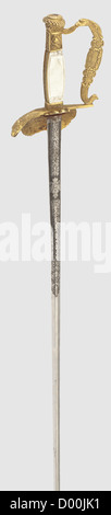 A small-sword for a Russian civil servant,circa 1840.Double-edged blade of flattened hexagonal section and etched on both sides of the forte with rich floral decoration flanking the Russian double-headed eagle.Gold-plated brass knuckle-bow hilt cast in relief,the single guard-shell displaying the Russian double-headed eagle.The grip with mother-of-pearl inlays showing the Tsar's cipher 'N I' for Nicholas I engraved on the obverse side.Leather scabbard with gilt brass mountings.Length 90 cm,historic,historical,19th century,thrusting,thrustings,hand ,Additional-Rights-Clearences-Not Available Stock Photo