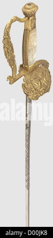 A small-sword for a Russian civil servant,circa 1840.Double-edged blade of flattened hexagonal section and etched on both sides of the forte with rich floral decoration flanking the Russian double-headed eagle.Gold-plated brass knuckle-bow hilt cast in relief,the single guard-shell displaying the Russian double-headed eagle.The grip with mother-of-pearl inlays showing the Tsar's cipher 'N I' for Nicholas I engraved on the obverse side.Leather scabbard with gilt brass mountings.Length 90 cm,historic,historical,19th century,thrusting,thrustings,hand ,Additional-Rights-Clearences-Not Available Stock Photo