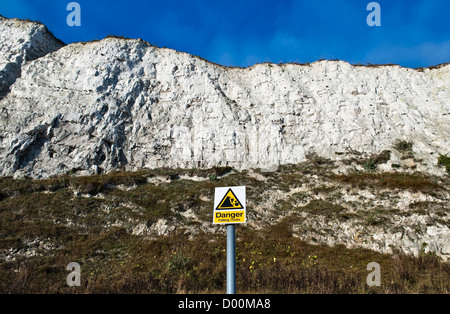 The famous chalk White Cliffs of Dover on the south coast of Kent, UK, are subject to erosion and frequent rockfalls Stock Photo