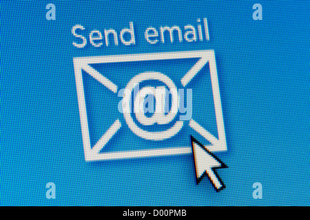 Close up of a computer screen featuring a mouse hovering over a send email icon. Stock Photo