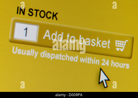 Close up of a fictional website inviting users to add an item to the shopping basket cart. Stock Photo