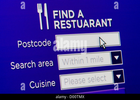 Close up of a fictional website inviting users to find a restaurant. Stock Photo