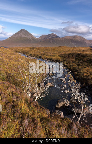 Allt Dearg Mor river with Glamaig in the Red Cuillin mountains in the distance, Sligachan, Isle of Skye Scotland, UK Stock Photo