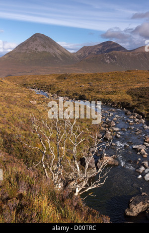 Allt Dearg Mor river with Glamaig in the Red Cuillin mountains in the distance, Sligachan, Isle of Skye Scotland, UK Stock Photo