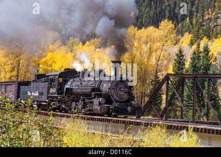 1925 2-8-2 Mikado type Baldwin Steam Locomotive pulling historic mixed consist train at Twin Bridges on the D&SNG Railroad in Colorado.