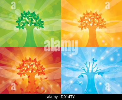 Four Seasons Spring Summer Fall Winter Trees with Sun Rays Background Illustration Stock Photo