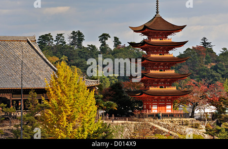 The 5-storey pagoda of Itsukushima Shrine on the island of Miyajima, Japan Stock Photo