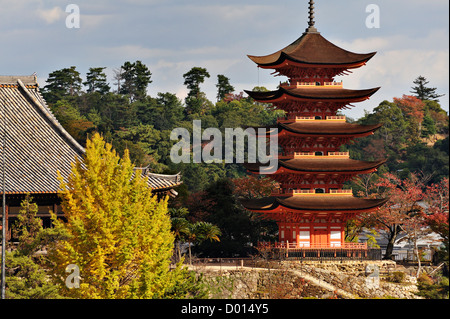 The 5-storey pagoda of Itsukushima Shrine on the island of Miyajima, Japan Stock Photo