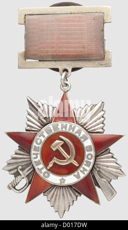 An Order of the Patriotic War, 2nd Class, 1st Type, 2nd Variety. Soviet Union. Silver, gilt, gold, enamelled. The reverse with engraved award number '5769'. On a rectangular clasp, threaded disc attachment of non-ferrous metal with designation of the state mint. Enamel on upper star ray restored, historic, historical, 20th century, medal, decoration, medals, decorations, badge of honour, badge of honor, badges of honour, badges of honor, object, objects, stills, clipping, clippings, cut out, cut-out, cut-outs, Additional-Rights-Clearences-Not Available Stock Photo