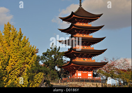 The 5-storey pagoda of Itsukushima Shrine on the island of Miyajima, Japan Stock Photo