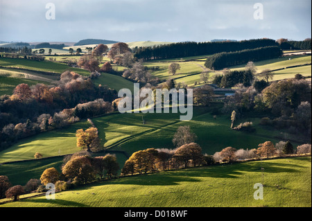 An autumn view across fields and woods looking west towards Wales, from Stonewall Hill, Herefordshire, UK Stock Photo