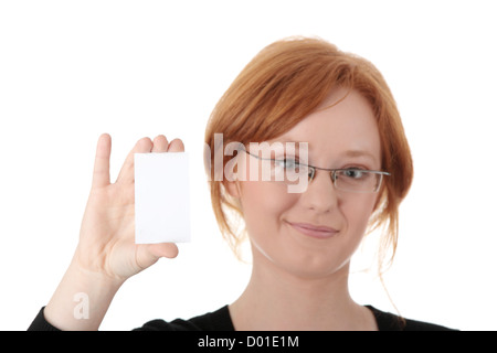 Redhead female person with blank business card in hand.  Isolated on white background Stock Photo