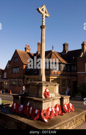 Wreaths left by memorial on Remembrance Sunday, High Street, Haslemere, Surrey, UK. 11.11.2012. Stock Photo