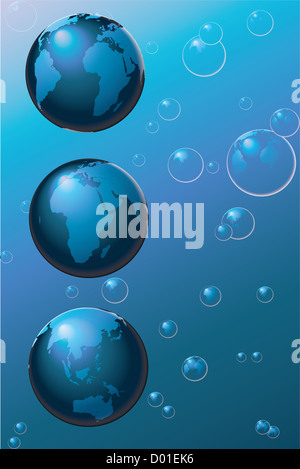 world map on spheres surrounded by bubbles on blue background Stock Photo