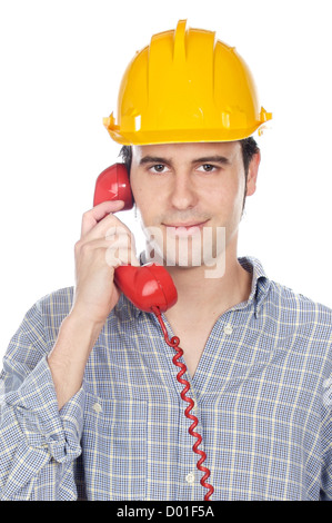 Construction worker talking on the phone a over white background Stock Photo
