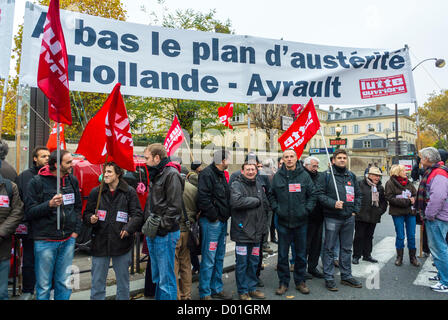 Paris, France, Crowd Holding Protest Banners at Anti-Austerity Demonstration, French Labour Unions, CGT, budget protests Stock Photo