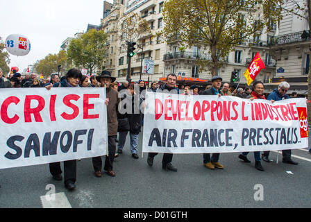 Paris, France, Large Crowd People, Front, Anti-Austerity communists Demonstration, French Labor Trade Unions, CGT, labour protest banners, people march street, budget protests, Against Big Pharma, Stock Photo