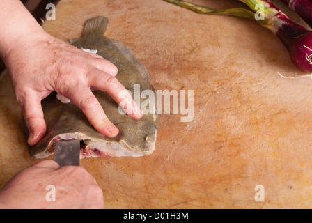 Professional cook skinning fresh fish Stock Photo