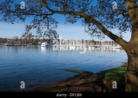 Moored yachts on the River Hamble at Lower Swanwick on a crisp winter sunny day Stock Photo