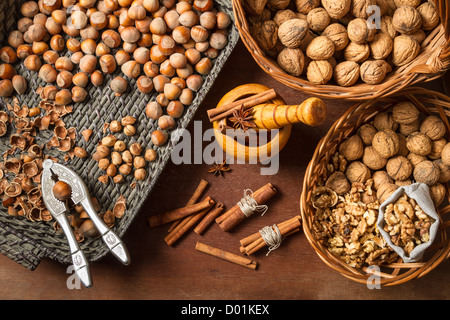 Nuts and cinnamon as the various ingredients Stock Photo