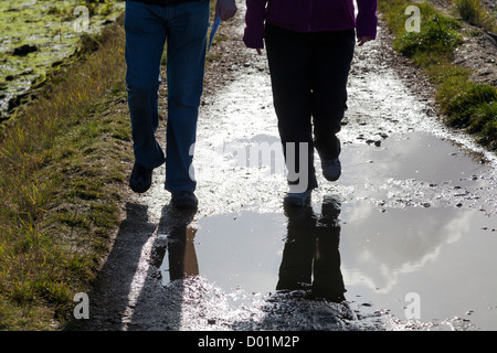 legs of two people walking through puddles on a footpath Stock Photo