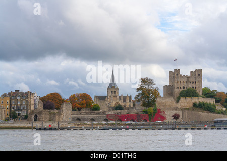 Rochester Castle and Cathedral viewed across River Medway, Kent. Stock Photo