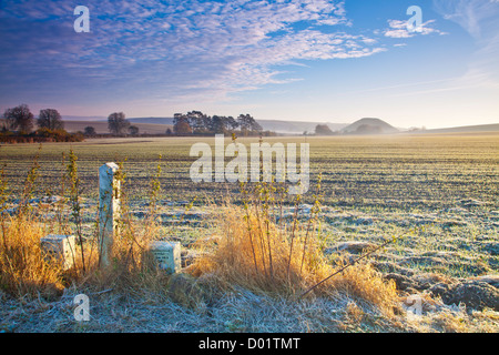 Frosty autumnal Wiltshire countryside landscape with iconic neolithic Silbury Hill in the distance Stock Photo