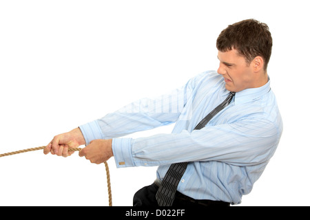 Businessman pulling on a piece of rope. Isolated on white
