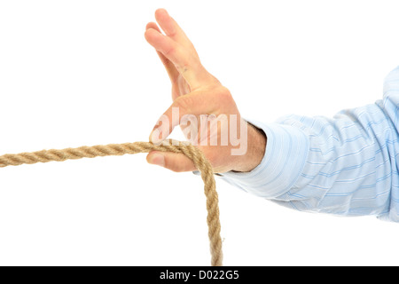 Businessman pulling on a piece of rope. Isolated on white