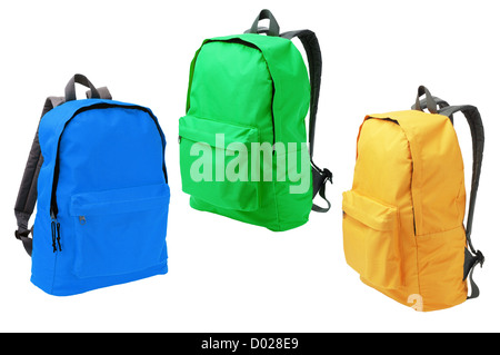 Three Colorful Backpacks Standing on White Background Stock Photo