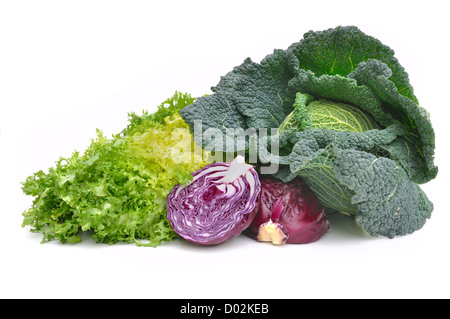 seasonal vegetables on white background green cabbage, red cabbage and salad Stock Photo