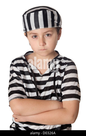 Sad child with prisoner costume isolated on white background Stock Photo